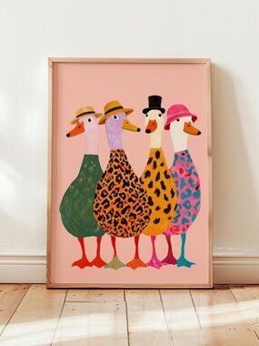 Duck Poster, Colorful Wall Art, Funny Ducks with Hats Print